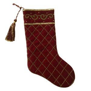 Vtg Red Velvet Christmas Stocking Gold Embroidery Sequins & Tassel Decor 19.5”